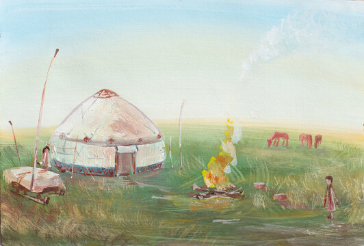 Nomad yurt in степpe with campfire and horses, hand painted scene