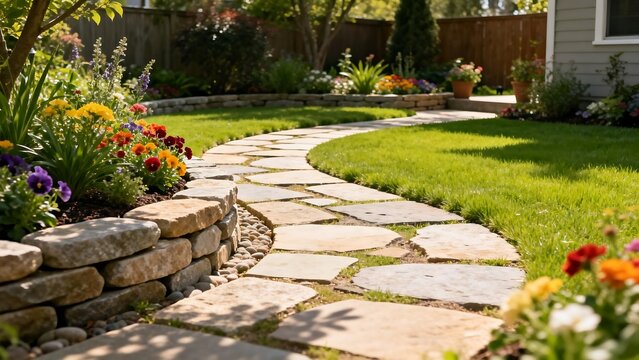 Garden path with flowers and greenery