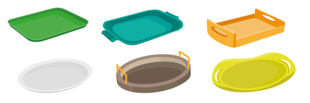Set of colorful trays for serving food in cartoon style. Vector illustration of empty trays with handles, different shapes: rectangular, oval isolated on white background. Carrying food, drinks.