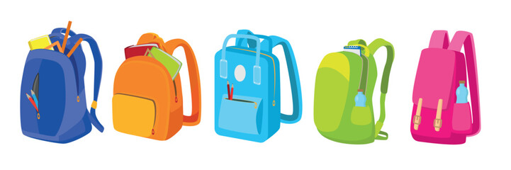 Set of bright colorful school backpacks in cartoon style. Vector illustration of backpacks of different designs with notebooks, books. notepad, rulers, pencils, bottles isolated on white background. © MVshop