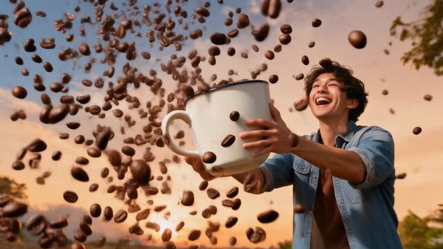 Coffee beans rain from the sky as a person catches them in oversized mugs. Whimsical, surreal scene blending playful exaggeration, fantasy, and everyday coffee imagery.
