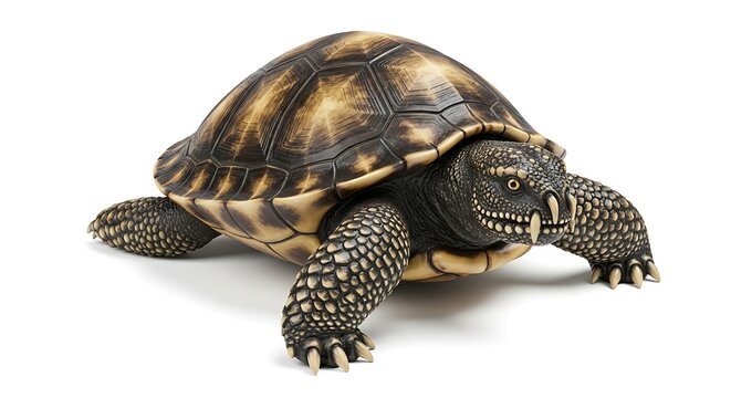 Detailed studio shot of a tortoise with patterned shell and textured skin
