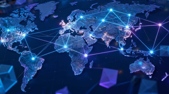 Abstract visualization of a global supply chain network with glowing nodes and connecting lines across a dark world map, symbolizing logistics, trade, and interconnected global commerce.
