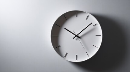 A close-up view of a minimalist wall clock with sleek design and shadow