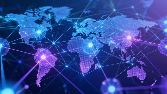 Abstract visualization of a global supply chain network with glowing nodes and connecting lines across a dark world map, symbolizing logistics, trade, and interconnected global commerce.
