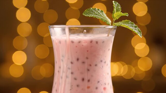 Close up of a refreshing pink berry smoothie with basil seeds and mint garnish on a bokeh background