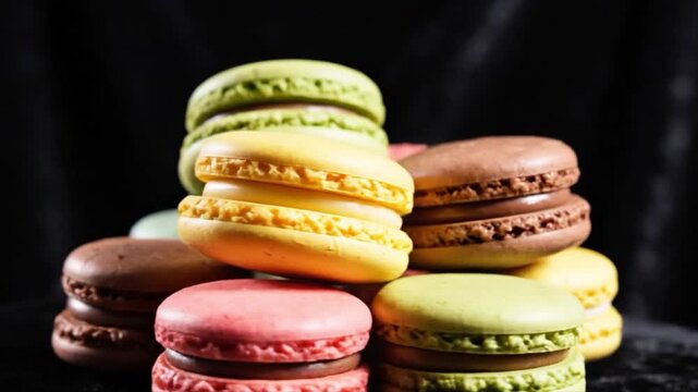 Stack of colorful macarons on a dark textured surface viewed from the front