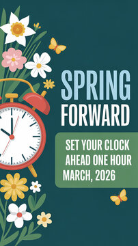 A digital illustration of a spring-themed clock change announcement.