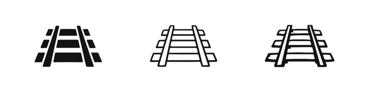 Railroad tracks icon set in solid, outline, and hand-drawn styles for transportation and travel.