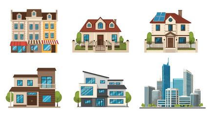 Obraz premium Set of diverse architectural styles including residential houses, commercial street, modern villa and city skyscrapers.