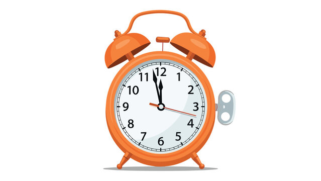 Vintage orange twin bell alarm clock with wind up key and clear white face showing the current time in flat style.