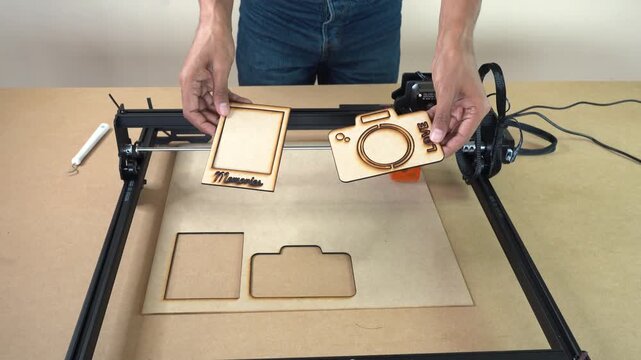 Finished CNC laser-cut plywood parts presented to camera, emphasizing manufacturing output and cut quality.