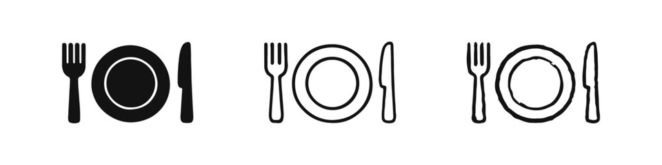 Fototapeta premium Dining place setting icon set with fork, plate, and knife in solid, outline, and hand-drawn styles.