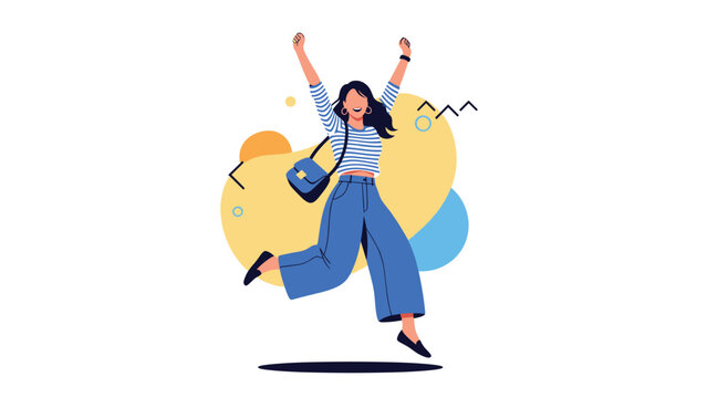 Cheerful young woman jumping excitedly for joy with arms raised against an abstract colorful background representing success.