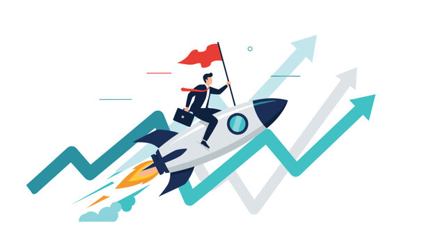 Ambitious businessman is riding a silver rocket ship as it blasts off past rising growth arrows toward high professional success.