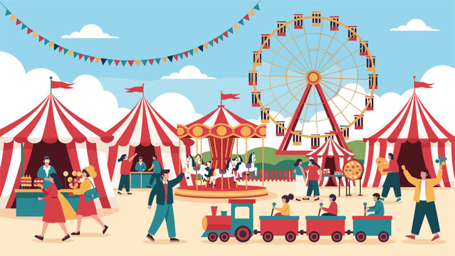 Vibrant amusement park scene with a Ferris wheel, carousel, tents, and various people enjoying a sunny day at the carnival fair.