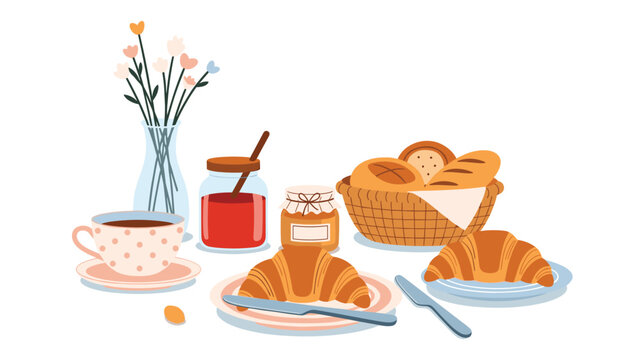 Cozy breakfast table setting with fresh croissants, a basket of bread, jars of jam, a cup of tea, and a vase of flowers in the morning.