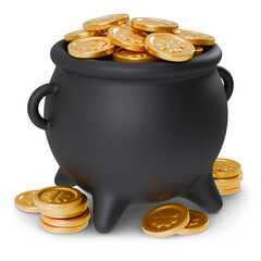 Pot full of gold coins. Leprechaun cauldron with treasure. Four leaf clover, lucky shamrock on coins. Saint Patrick's Day celebration. 3d render transparent png illustration with shadow © Pagina