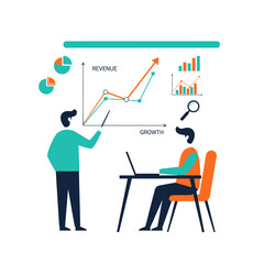 Business analysis presentation with charts and data, team meeting for strategy and growth