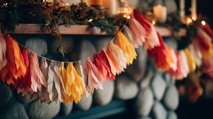 Fototapeta premium Festive garland party styling representing togetherness and family bonding selective focus family reunion whimsical Multilayer fireplace mantel backdrop. 