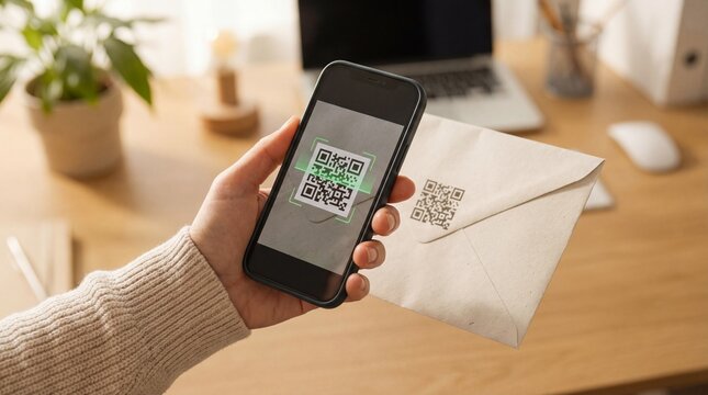 Hand holding smartphone scanning QR code on envelope with laptop in background