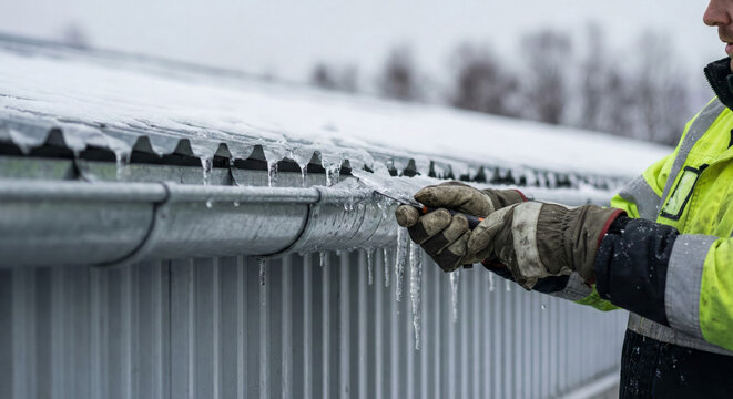 Winter Roof Gutter Ice Removal Worker Safety Scene