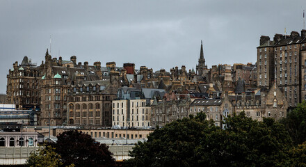 Historic cityscape with old stone buildings and chimneys in Scotland