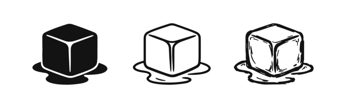 Set of Melting Ice Cube Icons in Solid, Outline, and Hand-Drawn Sketch Styles, Representing Cold and Thaw.