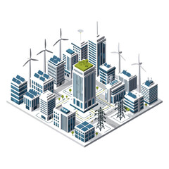 Isometric Smart City with Renewable Energy Sources Vector Illustration