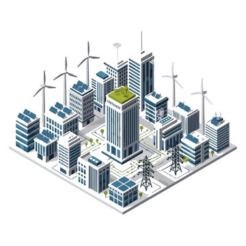 Isometric Smart City with Renewable Energy Sources Vector Illustration