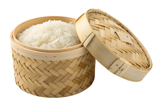 Traditional Bamboo Woven Basket with Steamed Sticky Rice Isolated