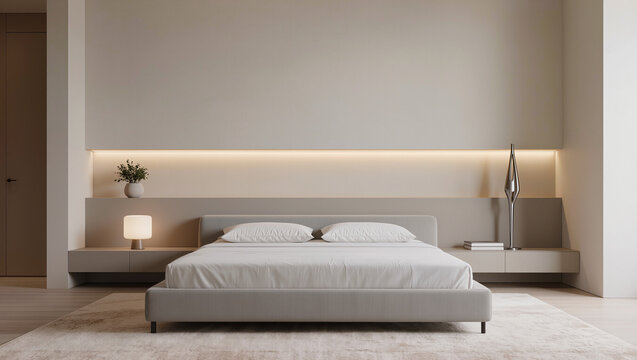 A modern bedroom with a bed integrated headboard shelf cove lighting and minimalist decor