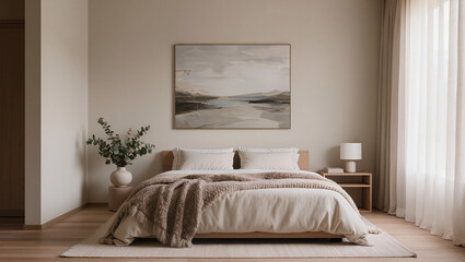 A serene bedroom features a wooden bed with light bedding a textured throw an abstract artwork minimalist side tables and sheer curtains
