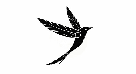 Obraz premium Elegant black bird silhouette with feather wings soaring against a white background