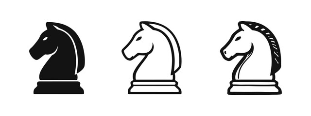 Chess board game knight icon set. Horse figure symbol in solid, outline, and doodle styles vector illustration. © drawing lines
