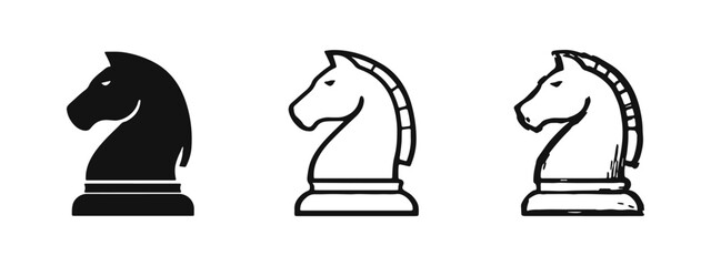 Chess knight piece icon set. Horse game figure symbol in solid, outline, and doodle styles vector illustration. © drawing lines