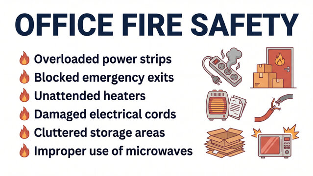 Office fire safety awareness infographic listing common workplace fire hazards including overloaded power strips blocked emergency exits unattended heaters damaged cords and improper microwave use