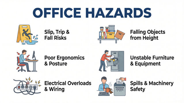 Office hazards workplace safety infographic illustrating slip trip fall risks poor ergonomics electrical overloads falling objects unstable furniture and machinery spill dangers for employee injury