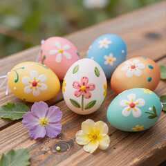 Fototapeta premium realistic, vibrant easter eggs with floral patterns on a wooden surface outdoors