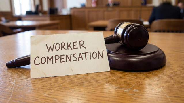 Worker compensation legal claim concept with judge gavel in courtroom setting representing occupational injury lawsuit employee rights enforcement and workplace injury financial settlement process