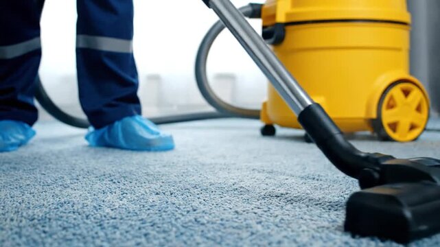 Professional carpet cleaning with vacuum in modern office setting