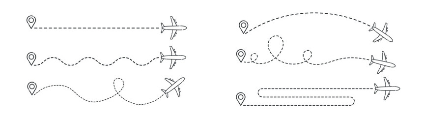 Airplane flight route set, dashed path navigation lines with location pins, minimal outline travel vector icons isolated on transparent background © Виталий Опришко