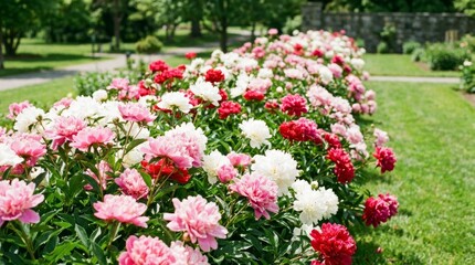 Vibrant Peony Flower Bed in Sunny Garden Park