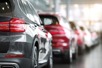 Naklejka premium Dealer New Cars Stock. Cars For Sale Lot. Side view of luxury auto parked in a row. Selective focus on red, blue, gray shiny car. Car dealership showroom. Automotive industry sanction crisis concept.
