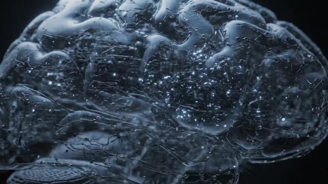 A futuristic brain network glows with blue connections and nodes, symbolizing advanced technology and complex data exchange in a dark environment from a frontal viewpoint