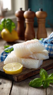 fresh seafood cod fillets on wooden cutting board with lemon slices, basil and pepper mills &mdash; raw fish for cooking and retail display