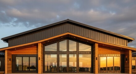 Obraz premium Elegant Home Design Against Stunning Sunset in Tranquil Setting