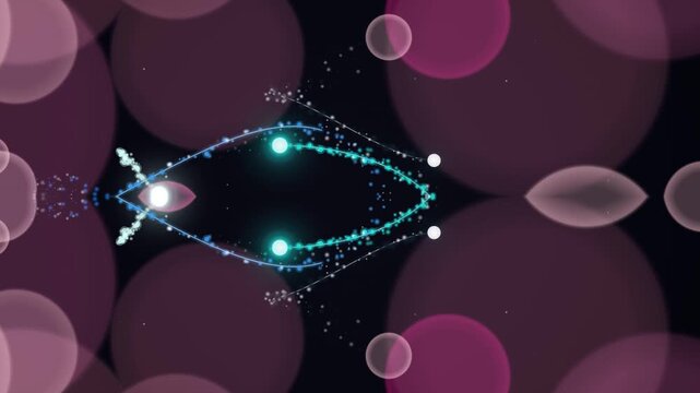 Abstract glowing particles forming a dynamic trajectory amidst pink spheres in a dark environment, viewed from a close-up perspective ino 29