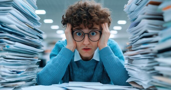 Young person with curly hair and glasses looking surprised and holding head in hands, surrounded by towering stacks of documents and files, feeling overwhelmed by workload and bureaucracy