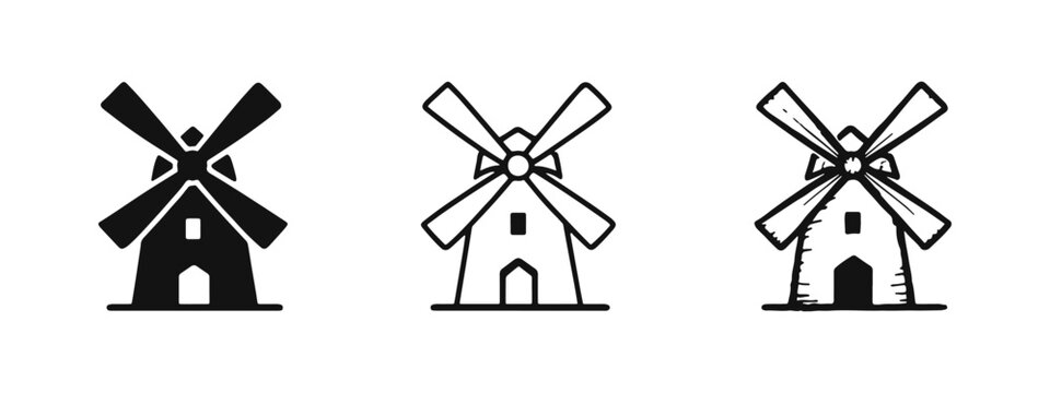 Windmill Icon Set - Solid, Outline, and Hand-Drawn Styles for Renewable Energy and Dutch Culture
